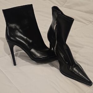 Zara Black Heeled Boots with Glossy Leather Finish